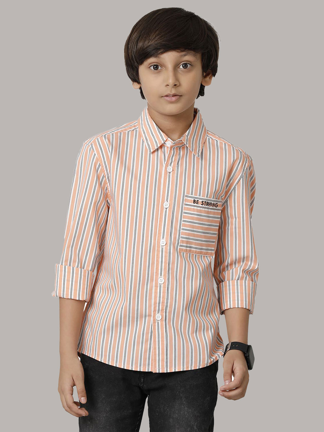 

UNDER FOURTEEN ONLY Boys Vertical Striped Cotton Casual Shirt, Orange