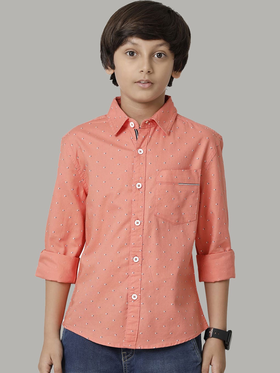 

UNDER FOURTEEN ONLY Boys Micro Ditsy Printed Cotton Casual Shirt, Peach