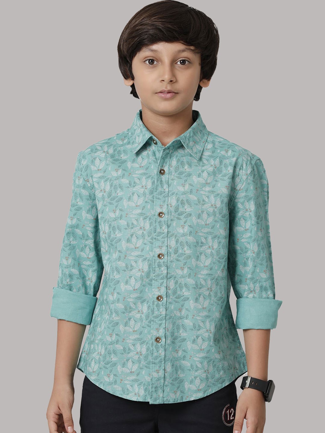 

UNDER FOURTEEN ONLY Boys Floral Printed Cotton Casual Shirt, Green