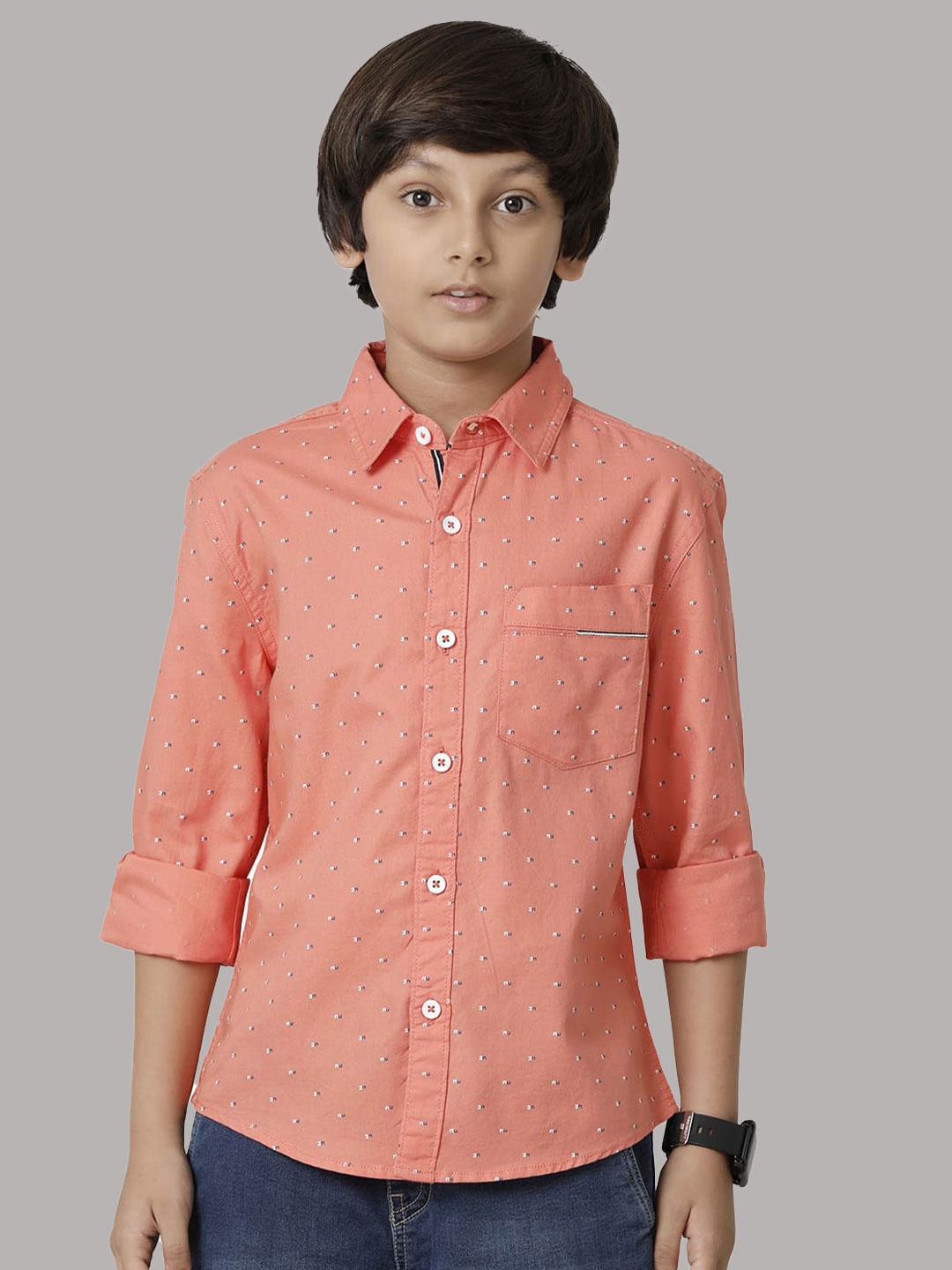 

UNDER FOURTEEN ONLY Boys Geometric Printed Casual Cotton Shirt, Peach