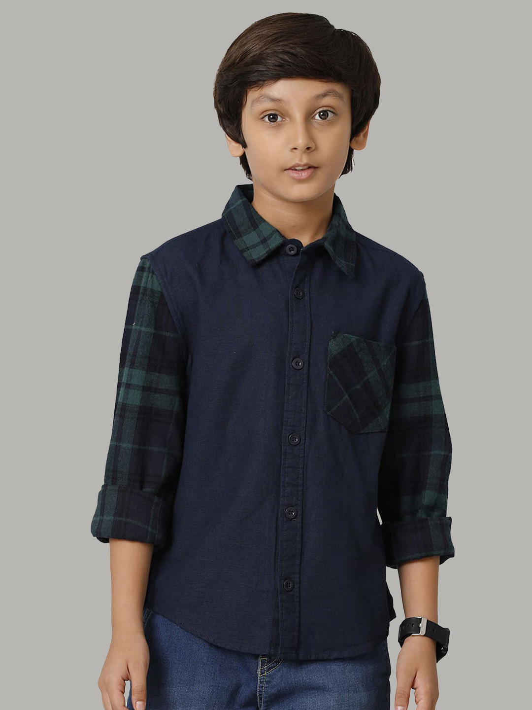 

UNDER FOURTEEN ONLY Boys Opaque Printed Cotton Casual Shirt, Navy blue