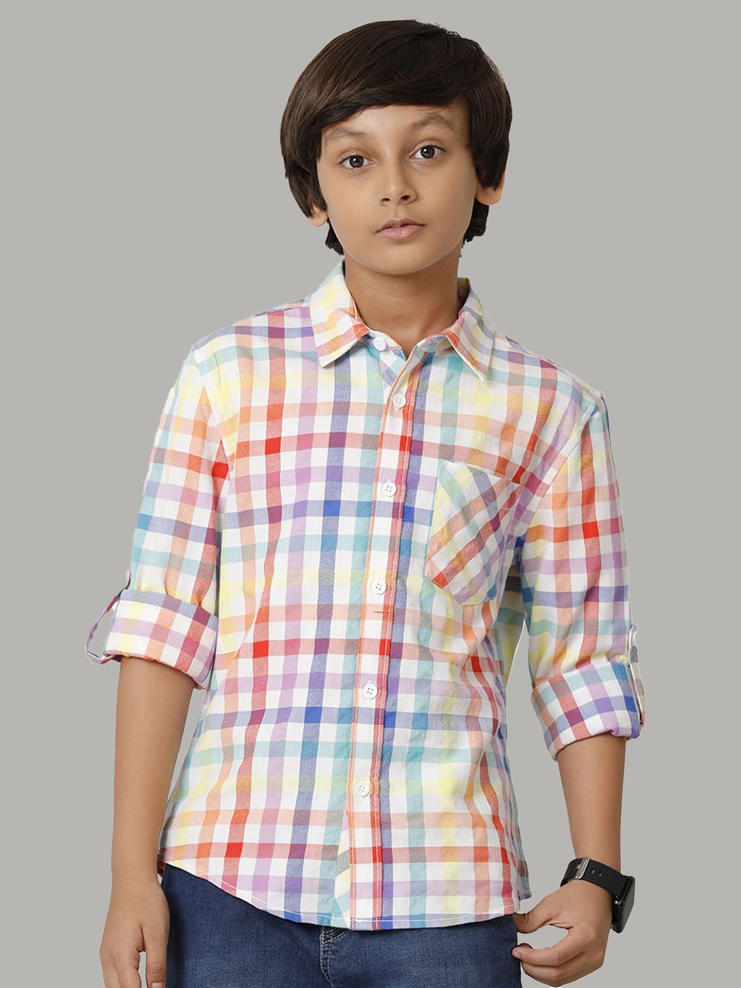 

UNDER FOURTEEN ONLY Boys Checked Cotton Casual Shirt, Orange