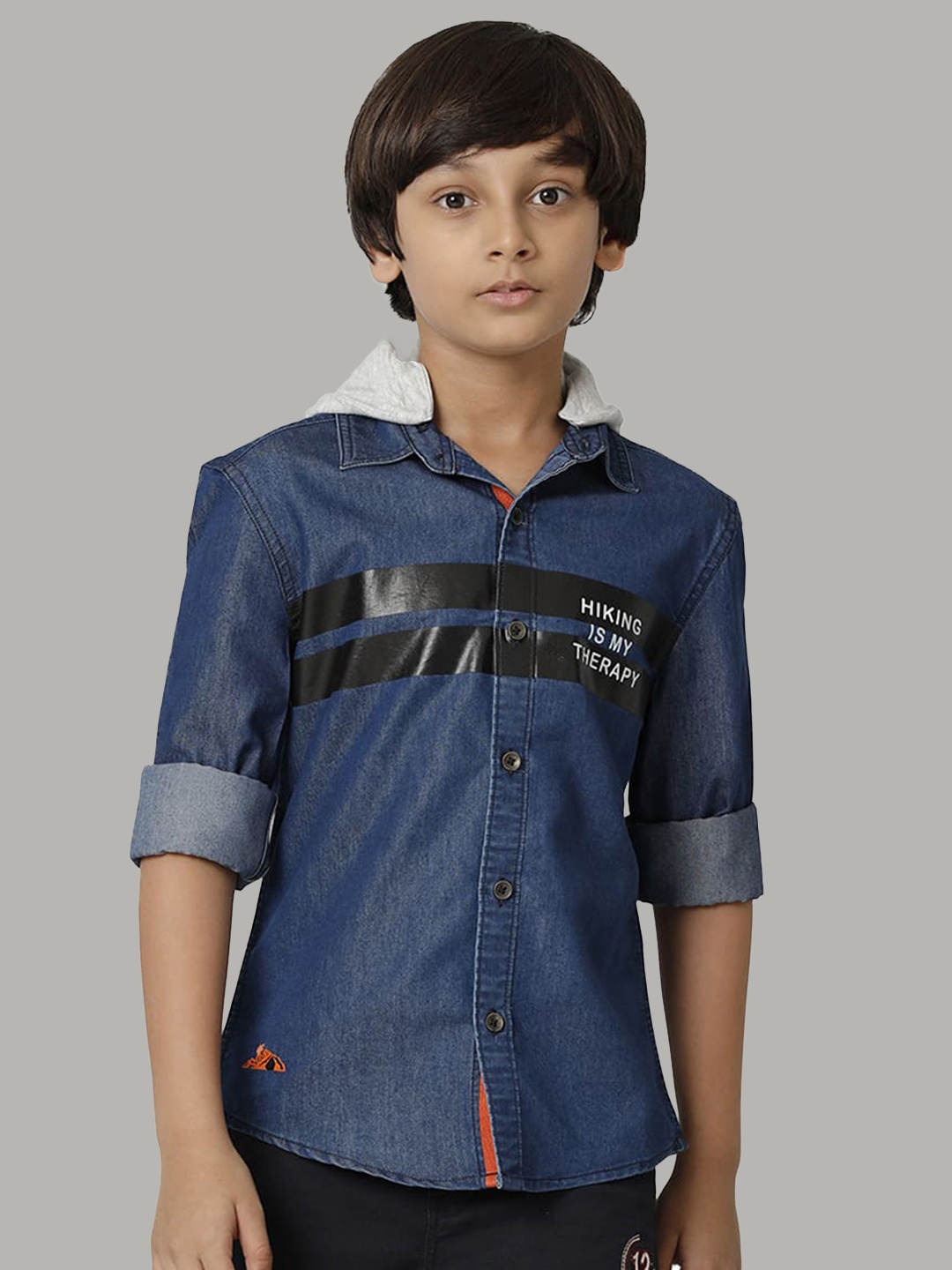 

UNDER FOURTEEN ONLY Boys Opaque Printed Hooded Casual Shirt, Blue