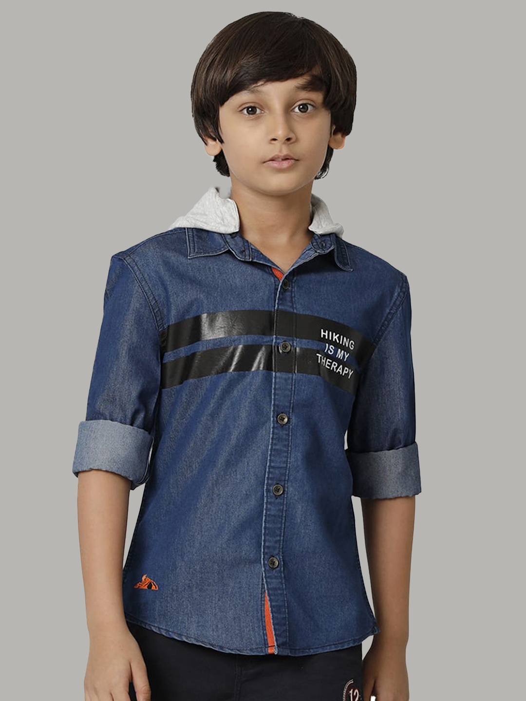 

UNDER FOURTEEN ONLY Boys Typography Printed Hooded Cotton Casual Shirt, Blue