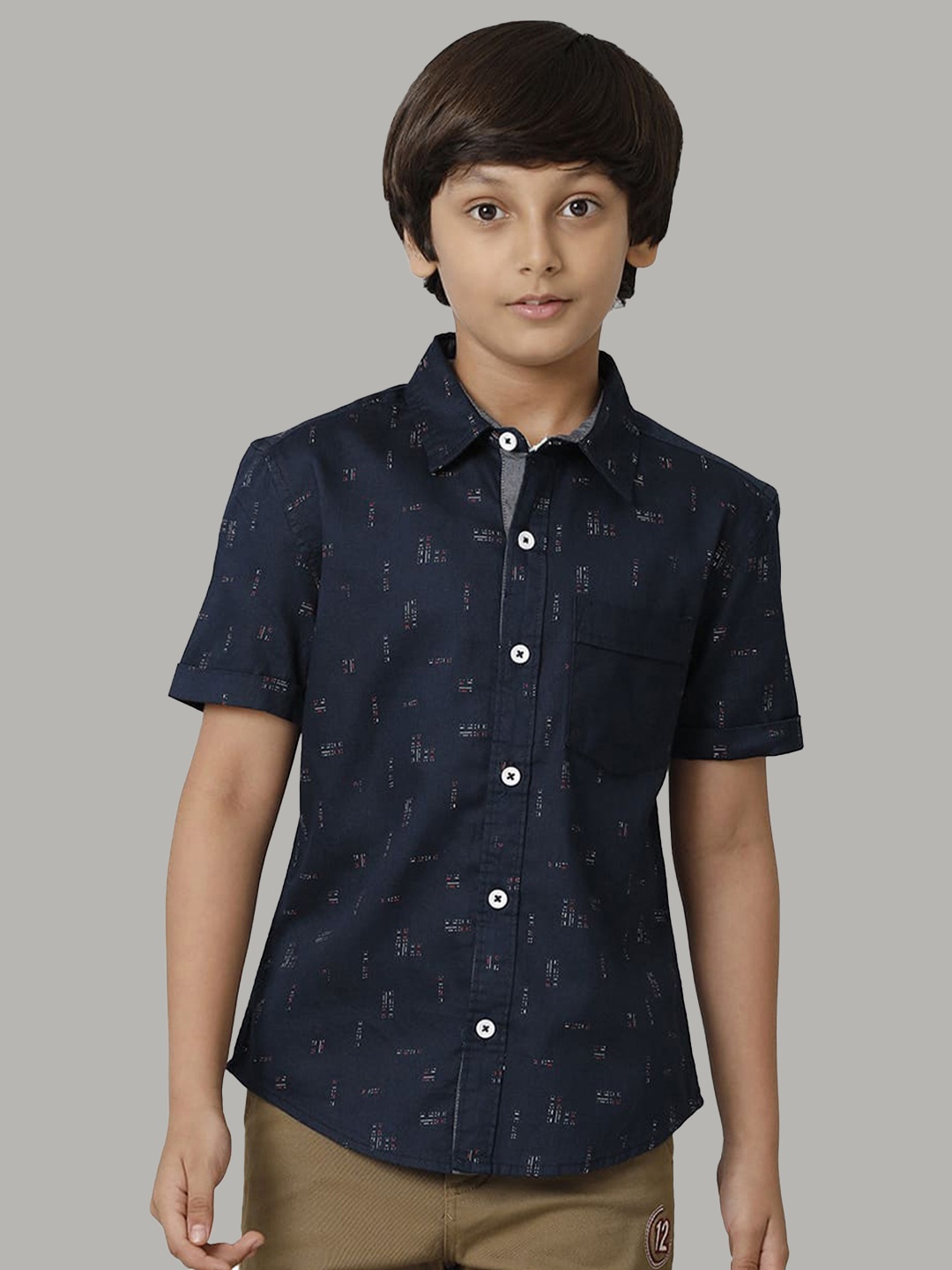 

UNDER FOURTEEN ONLY Boys Conversational Printed Cotton Casual Shirt, Navy blue