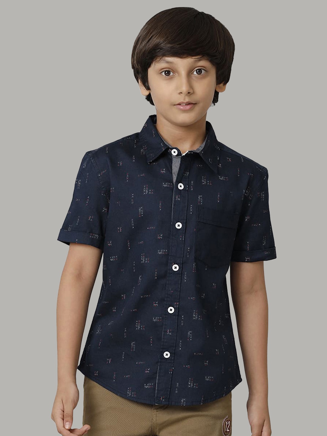 

UNDER FOURTEEN ONLY Boys Geometric Printed Cotton Casual Shirt, Navy blue