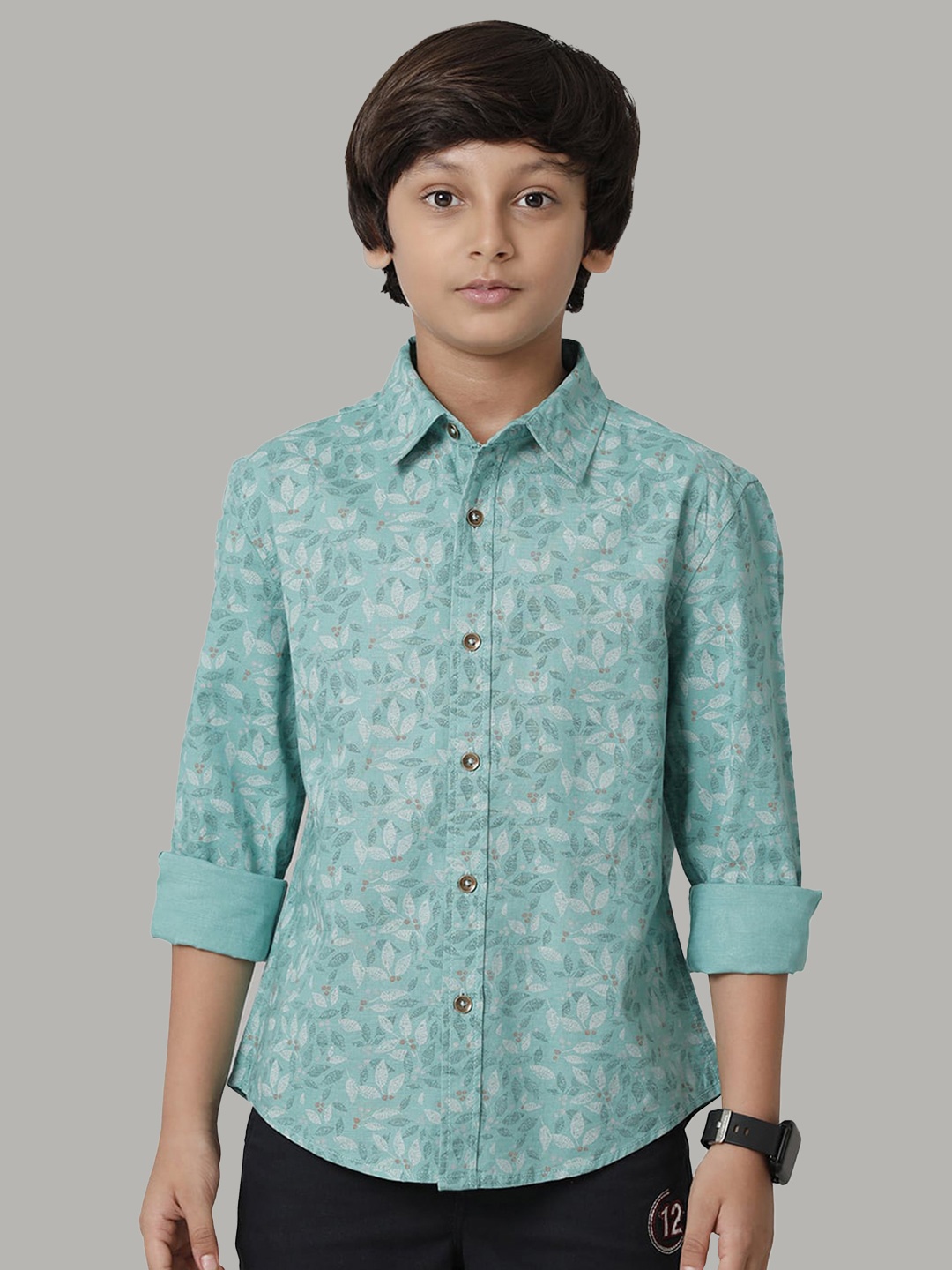 

UNDER FOURTEEN ONLY Boys Floral Printed Cotton Casual Shirt, Green