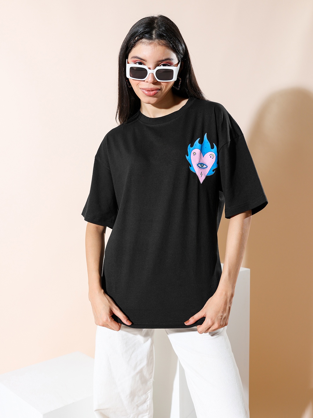 

Stylecast X Hersheinbox Graphic Printed Pure Cotton Oversized T-shirt, Navy blue