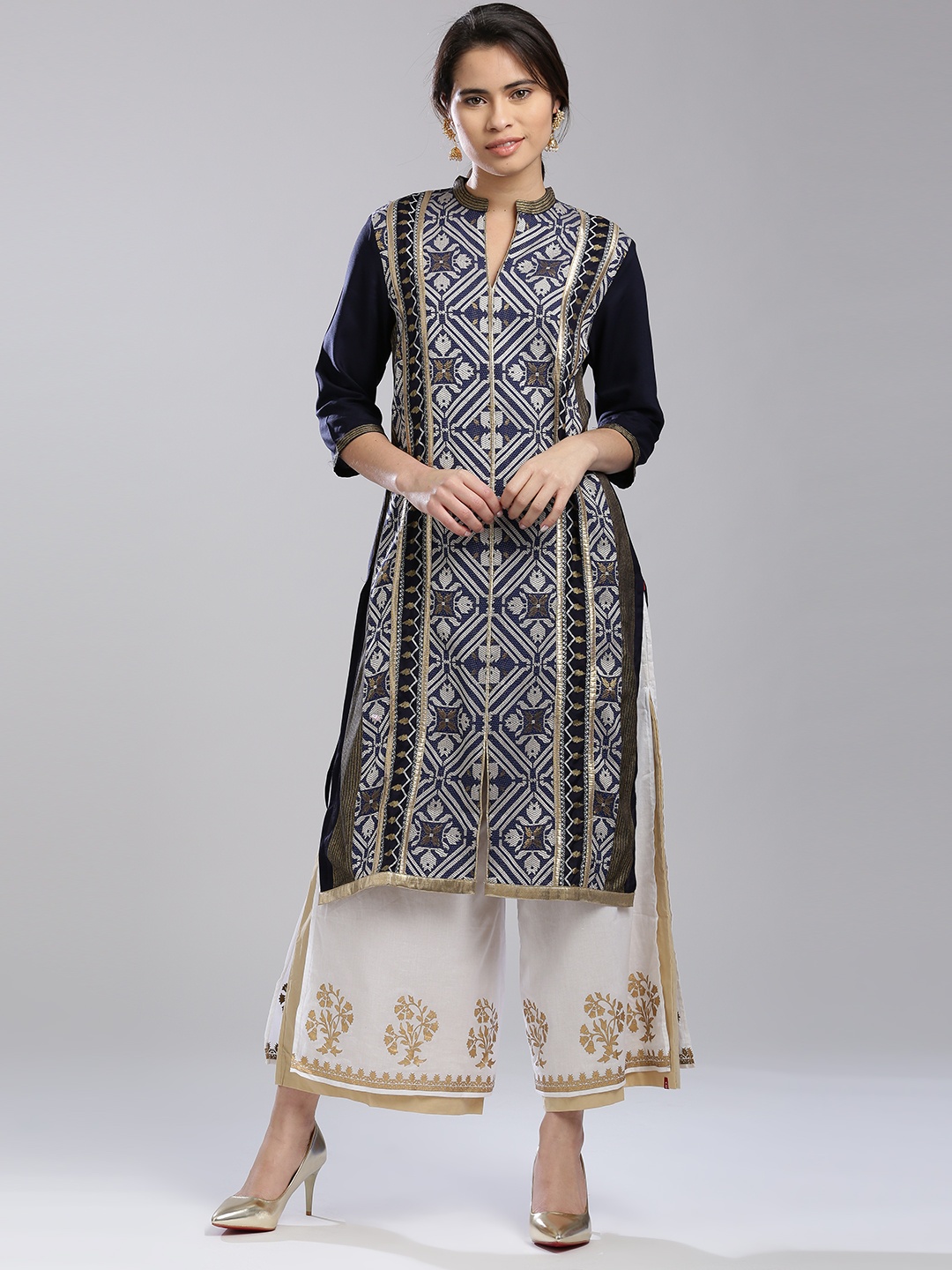 

W Women Navy Blue & Off-White Woven Design Straight Kurta