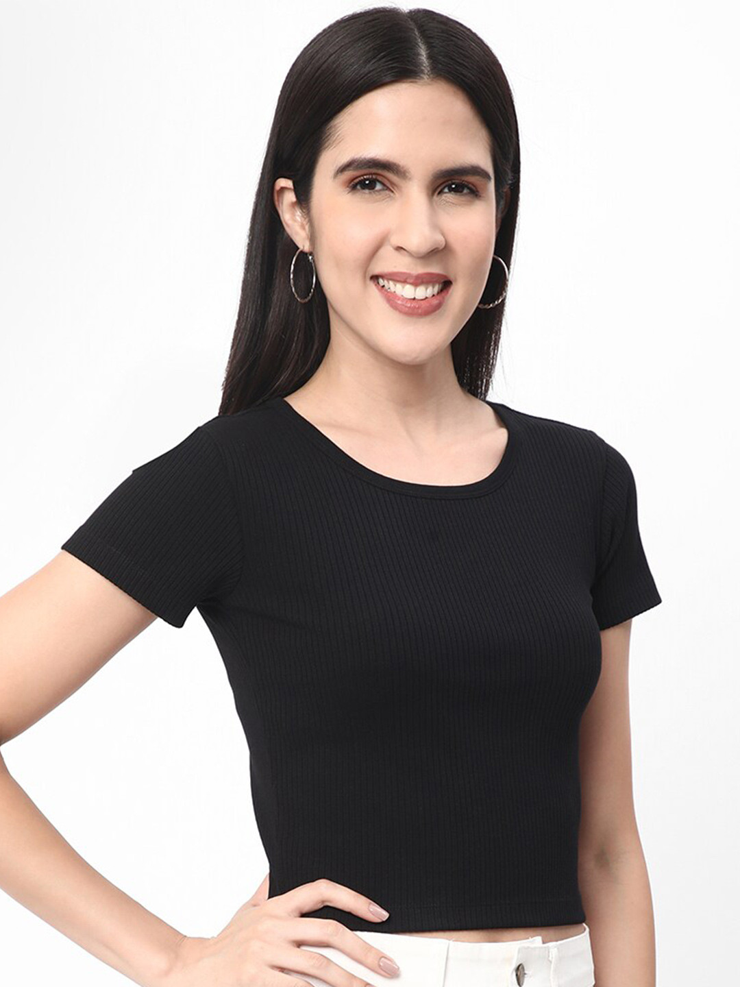 

R&B Round Neck Cotton Crop Top, Black