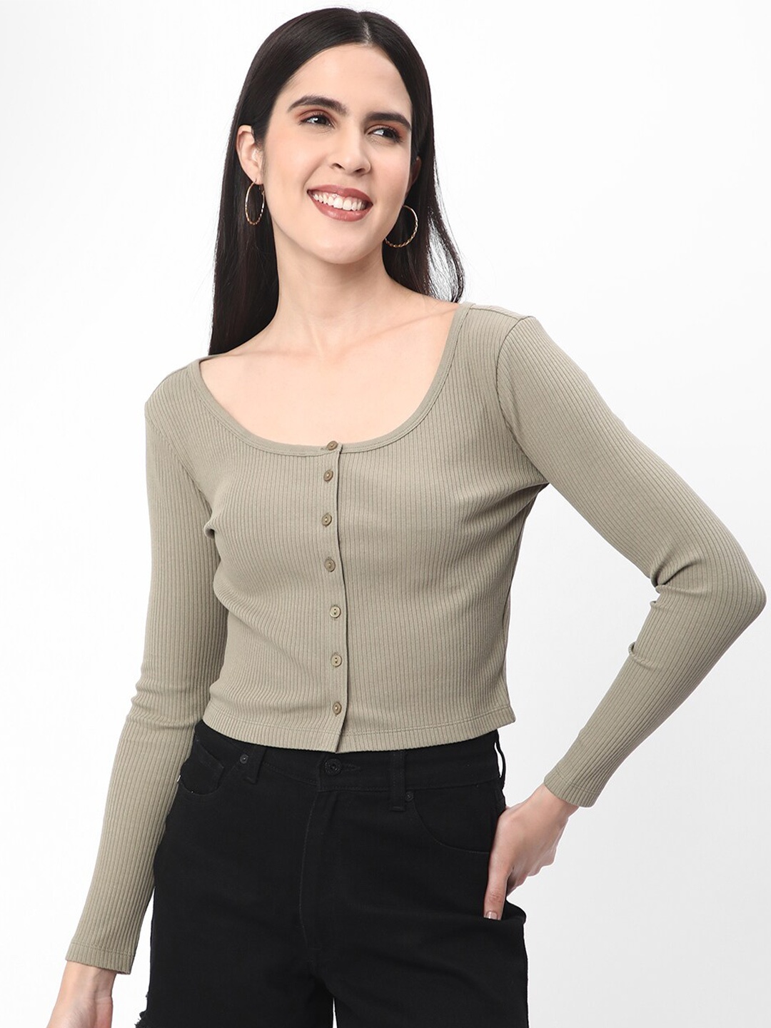 

R&B Scoop Neck Long Sleeves Cotton Crop Top, Olive