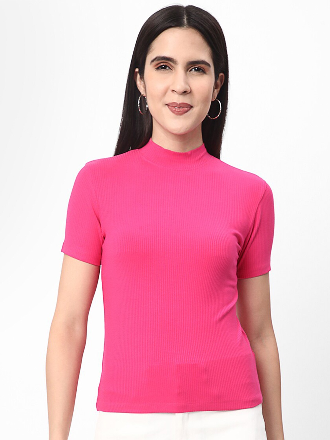 

R&B Ribbed High Neck Fitted Top, Pink