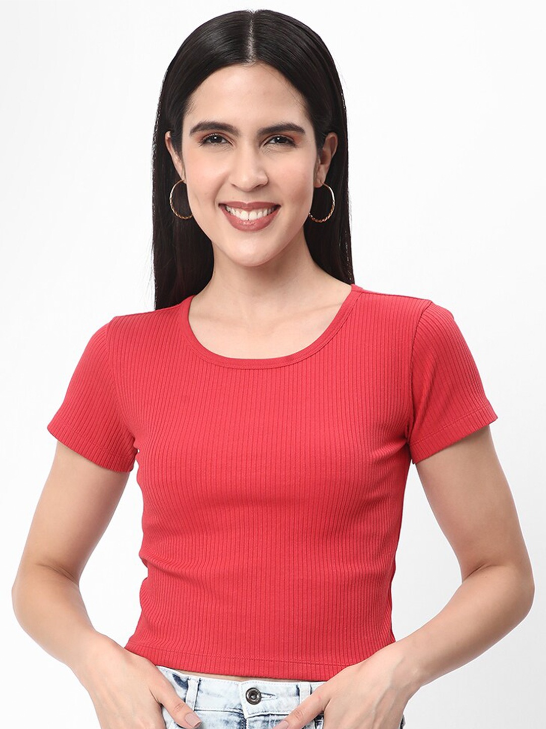 

R&B Round Neck Cotton Top, Red