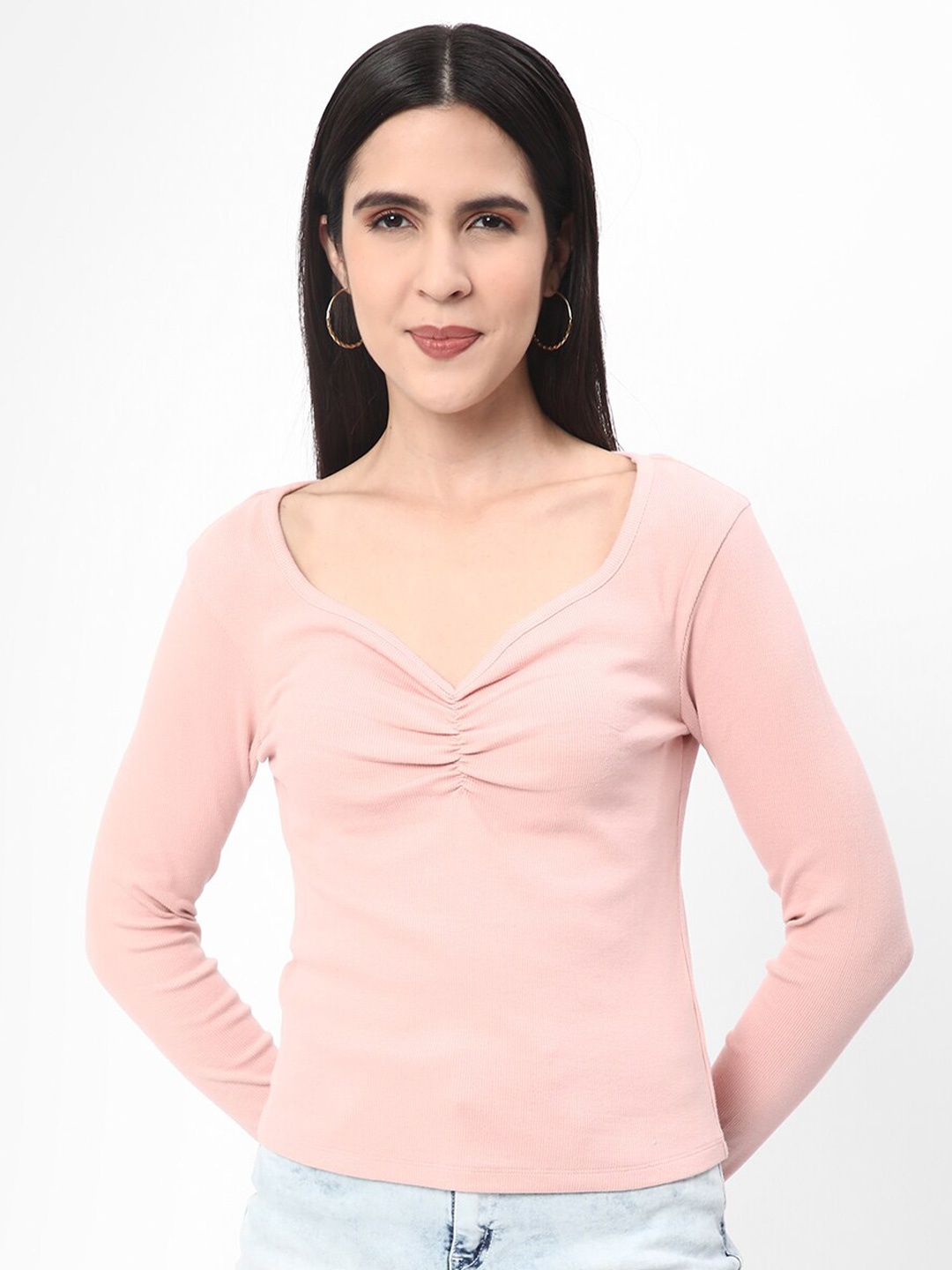 

R&B Sweetheart Neck Gathered Fitted Cotton Top, Pink