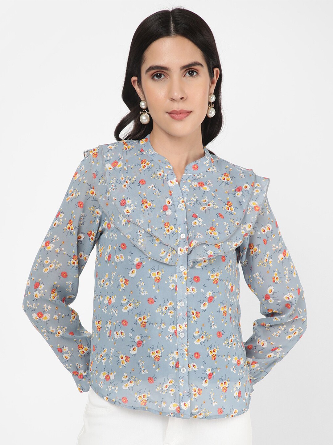 

R&B Floral Printed Mandarin Collar Ruffled Shirt Style Top, Blue