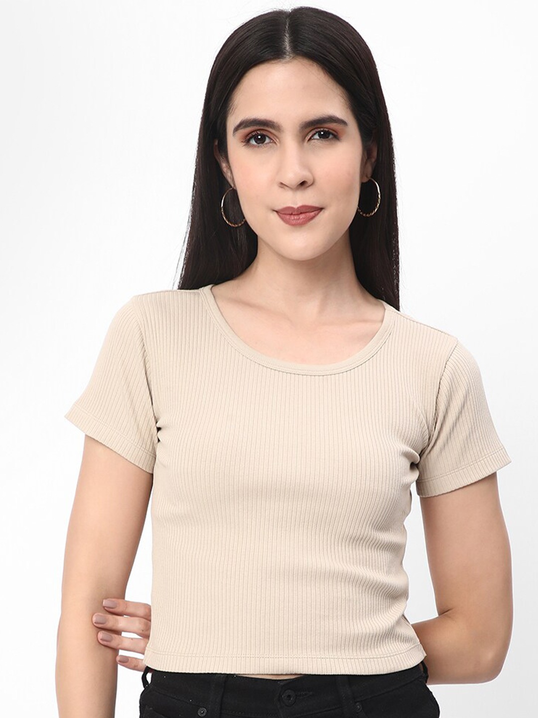 

R&B Round Neck Cotton Crop Top, Beige