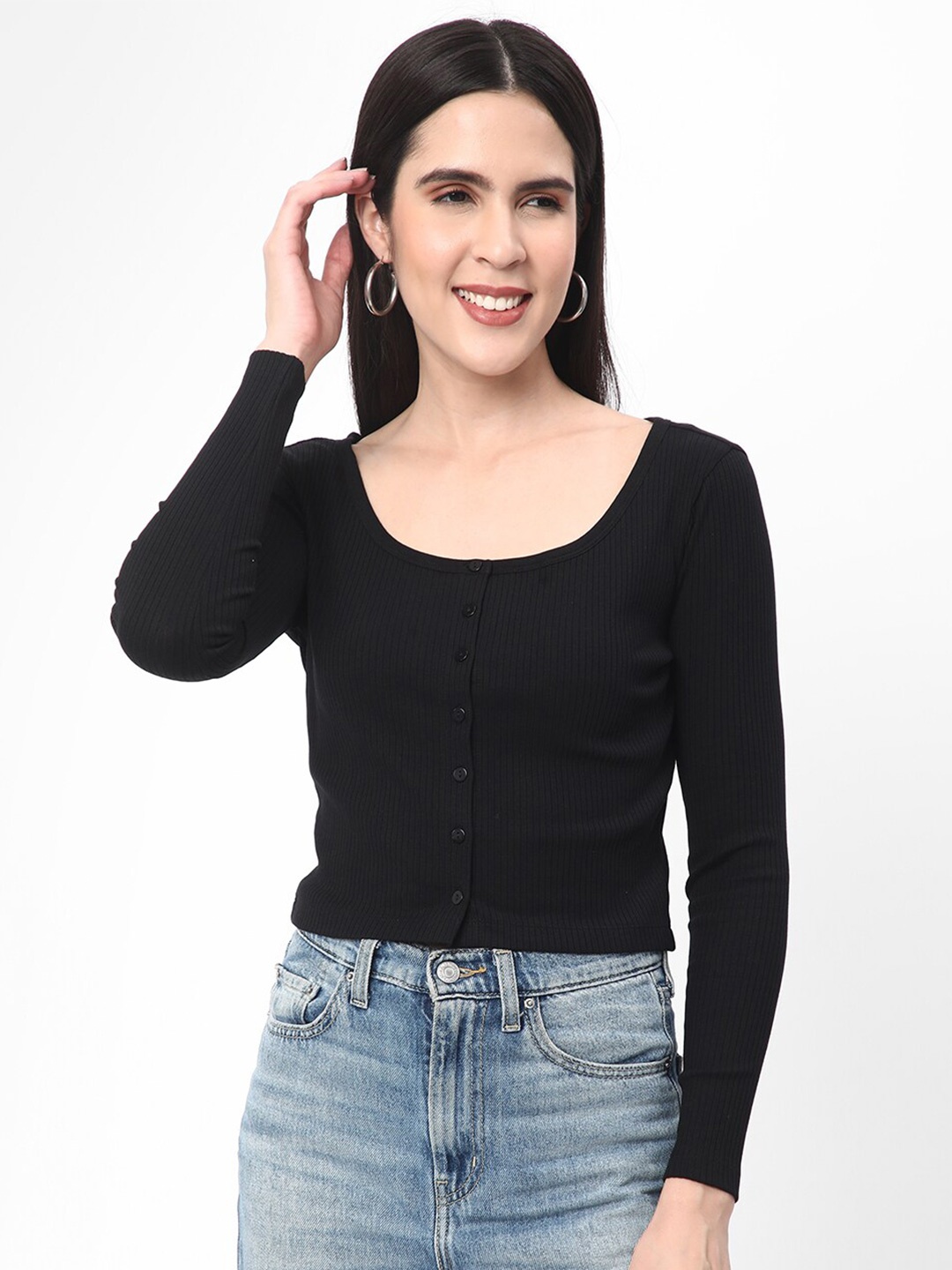 

R&B Scoop Neck Self Design Crop Ribbed Cotton Top, Black