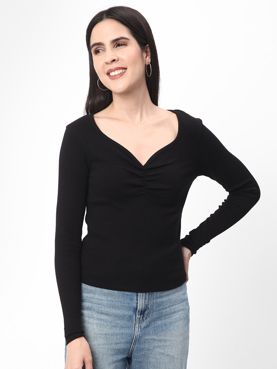 

R&B Leaf Neck Long Sleeves Cotton Top, Black
