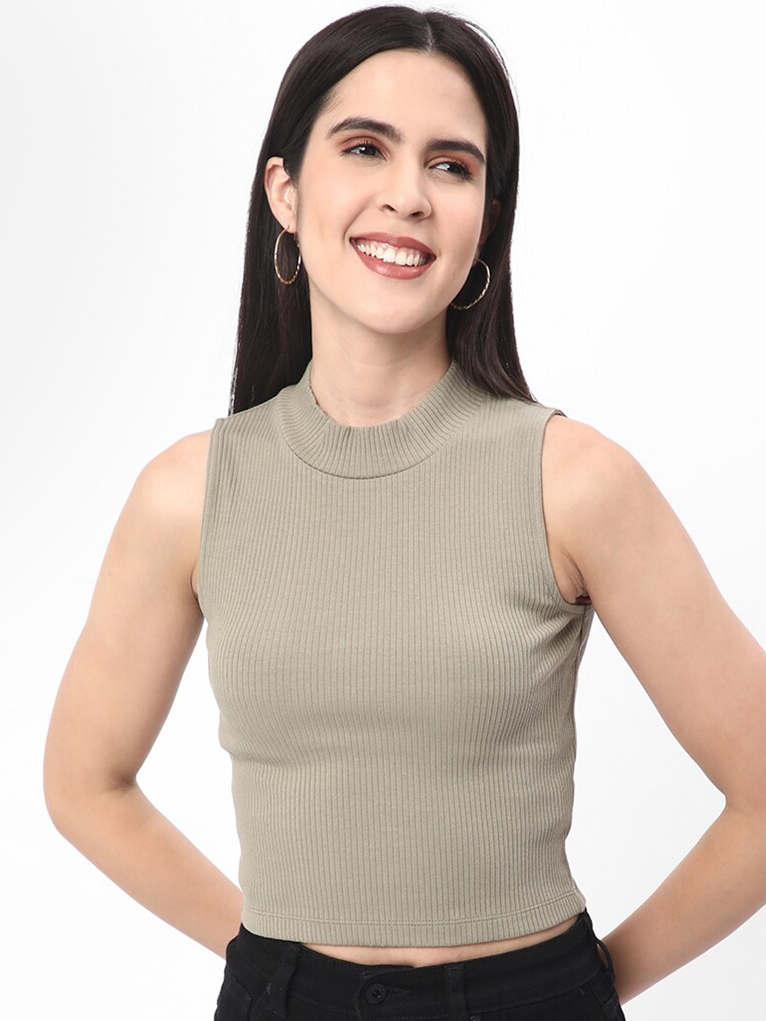 

R&B Round Neck Sleeveless Fitted Crop Cotton Top, Olive