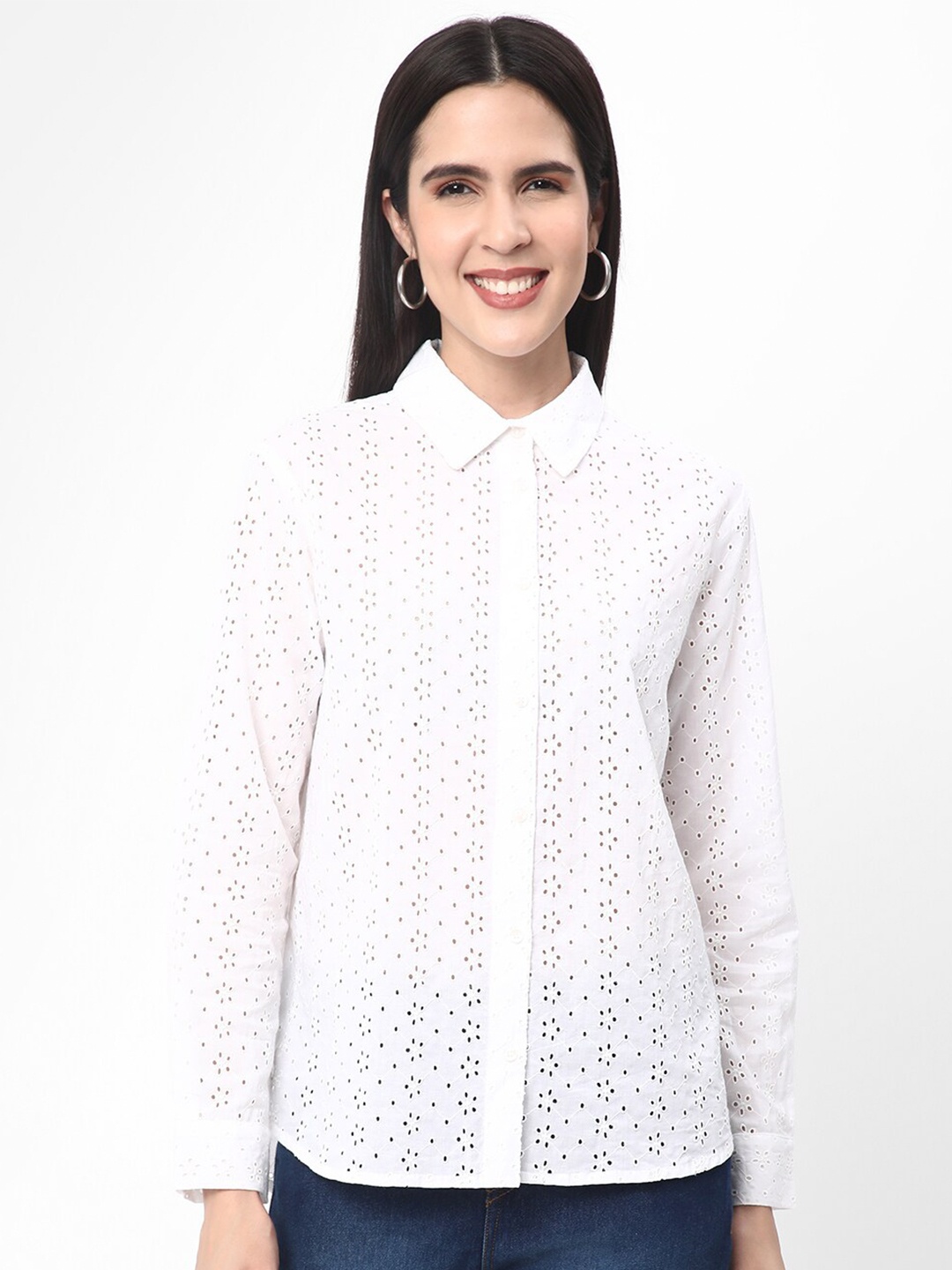 

R&B Shirt Collar Cuffed Sleeves Schiffli Cotton Shirt Style Top, White