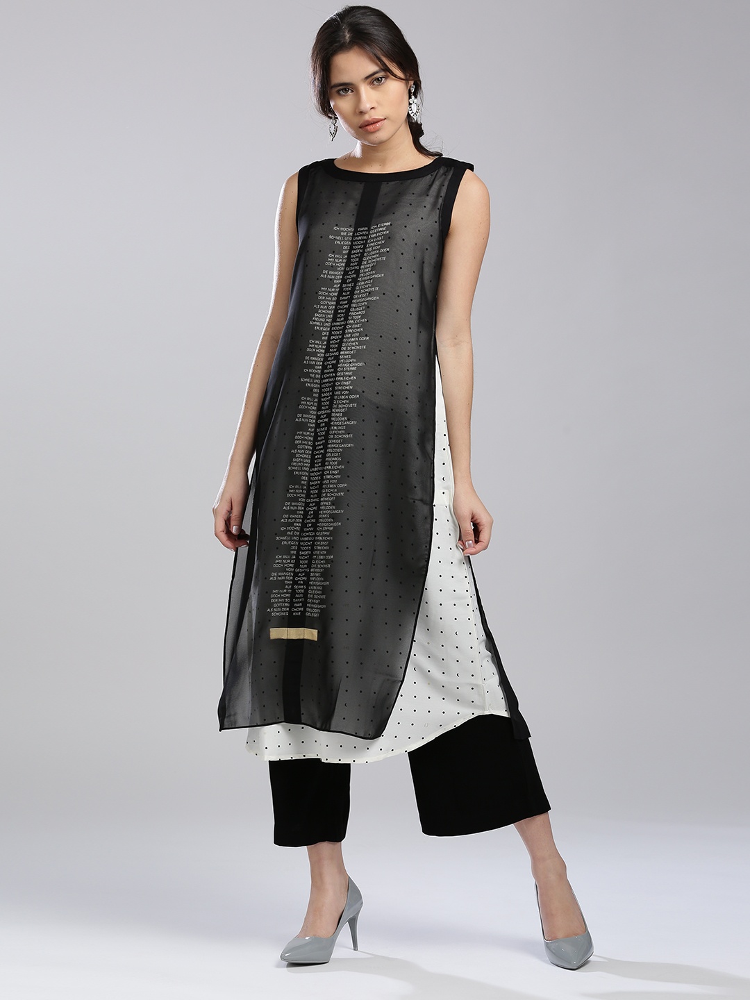 

W Women Black & Off-White Printed Layered A-Line Kurta