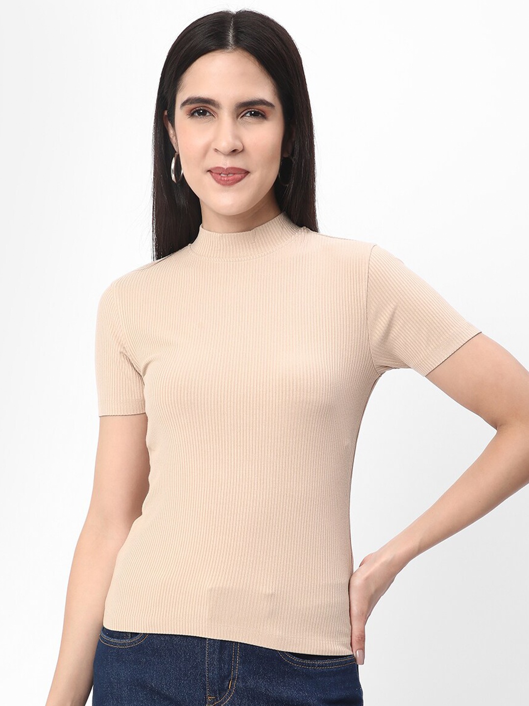 

R&B High Neck Fitted Top, Beige