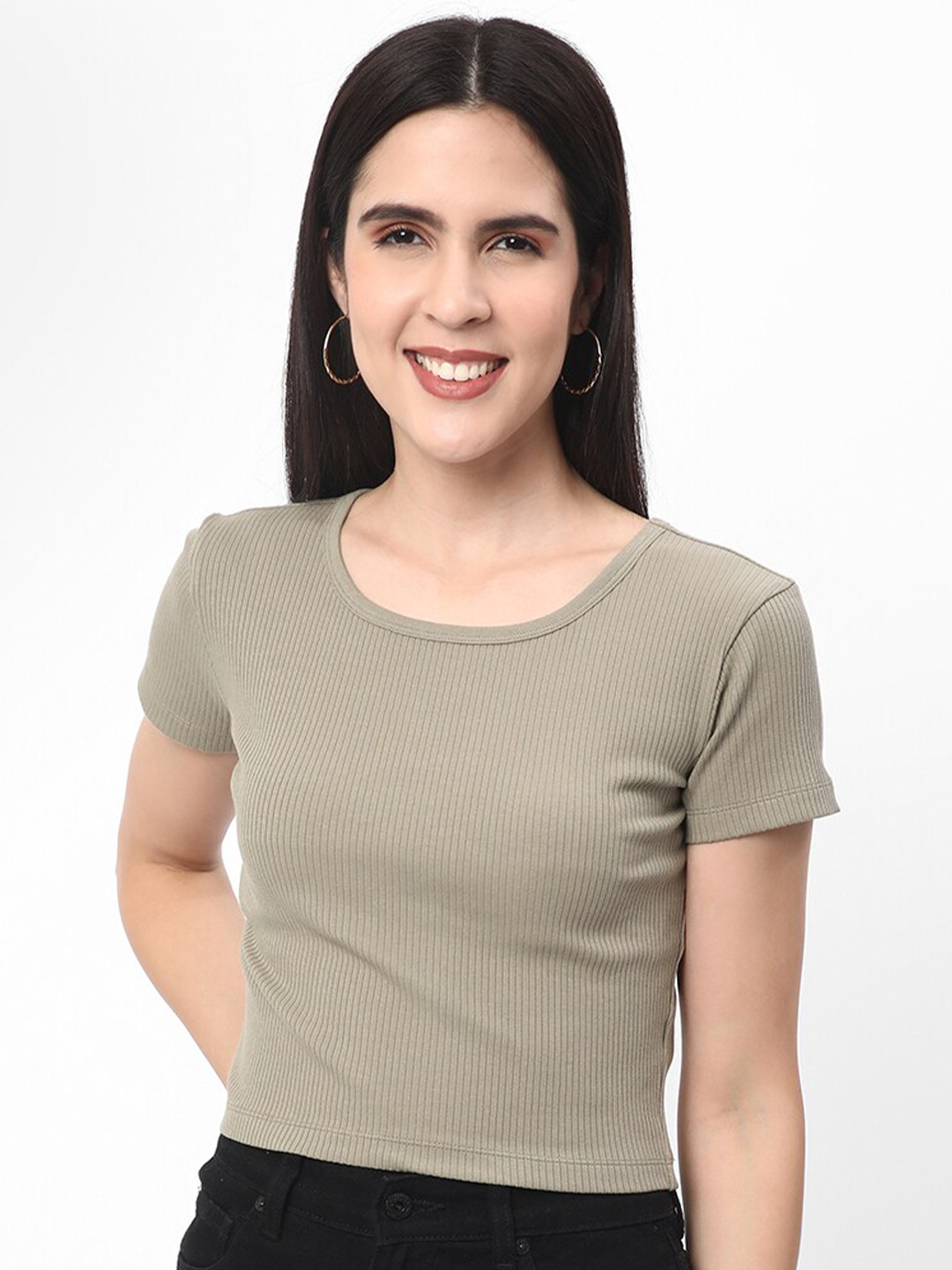 

R&B Round Neck Fitted Crop Cotton Top, Olive