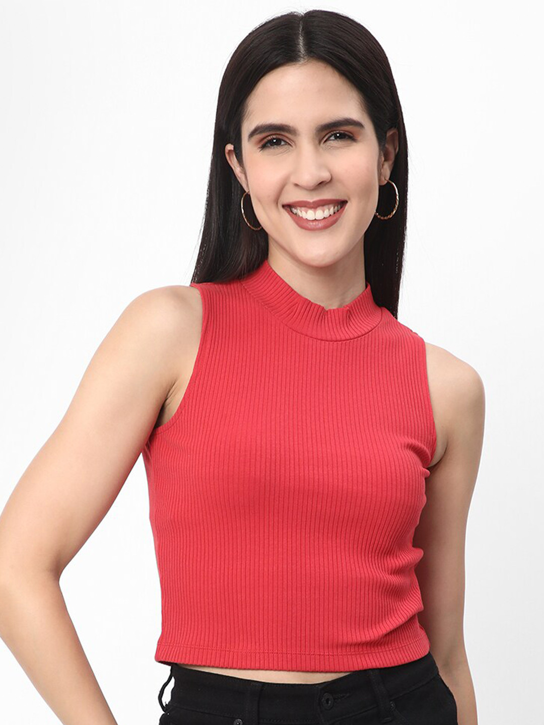 

R&B High Neck Sleeveless Cotton Crop Top, Red