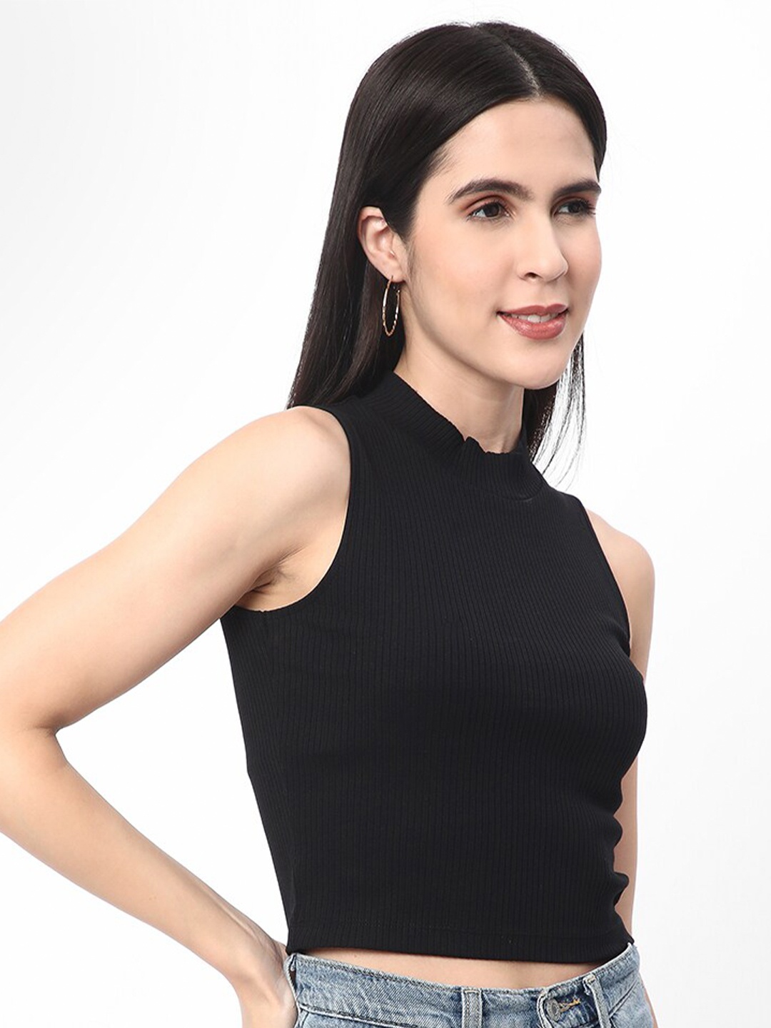 

R&B High Neck Fitted Cotton Crop Top, Black