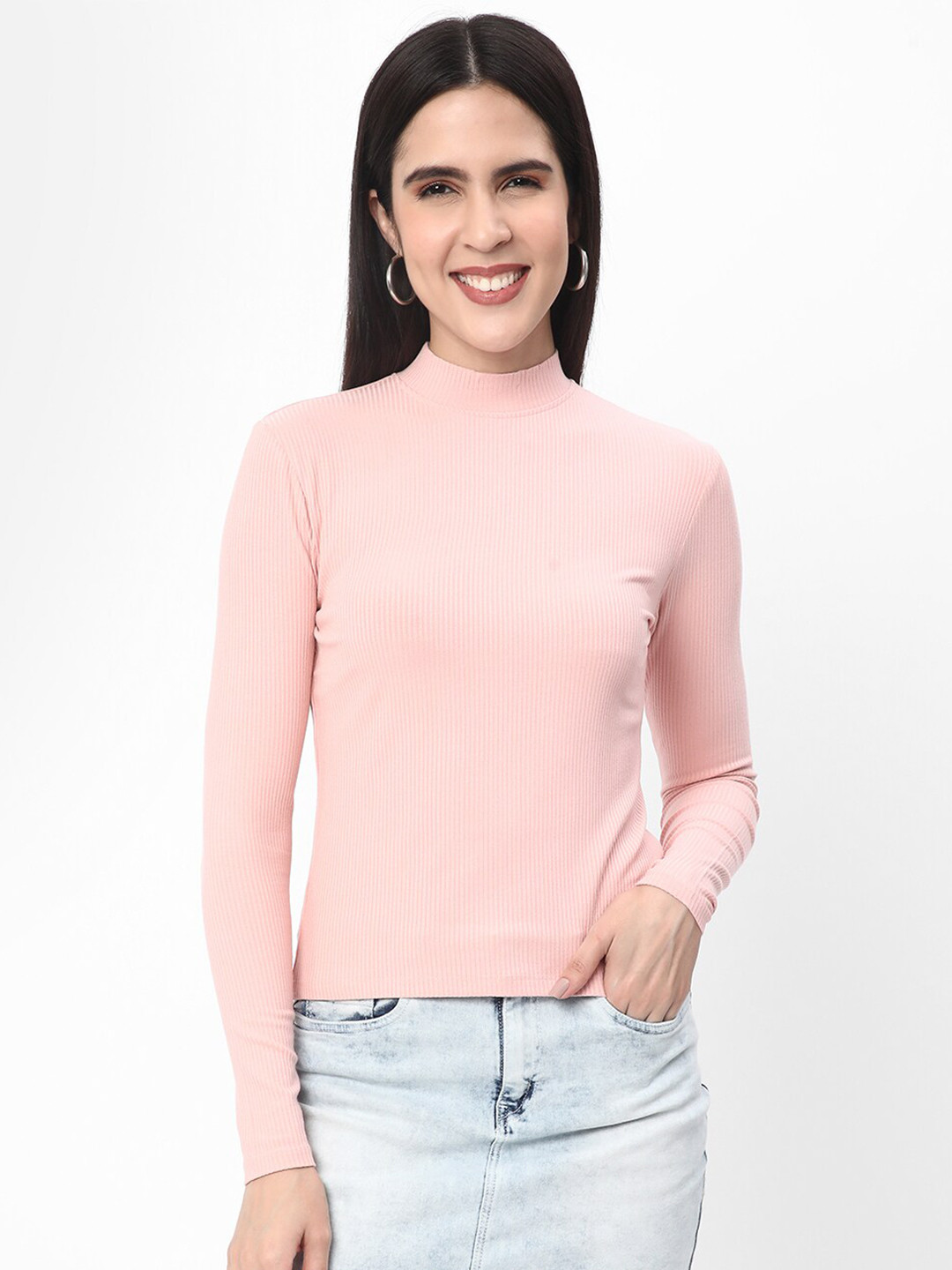 

R&B Ribbed High Neck Fitted Top, Pink