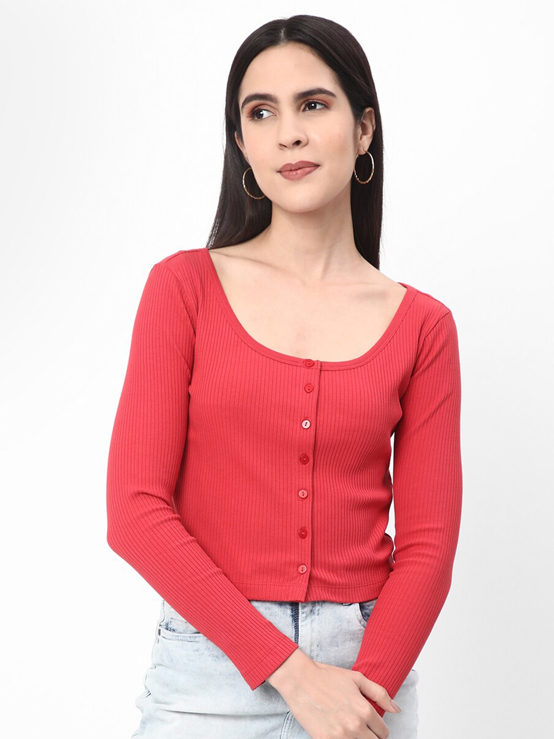 

R&B Scoop Neck Self Design Crop Ribbed Cotton Top, Red