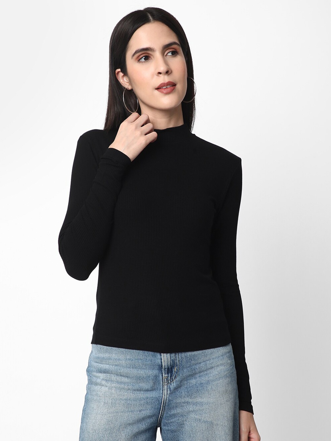 

R&B High Neck Long Sleeves Cotton Top, Black