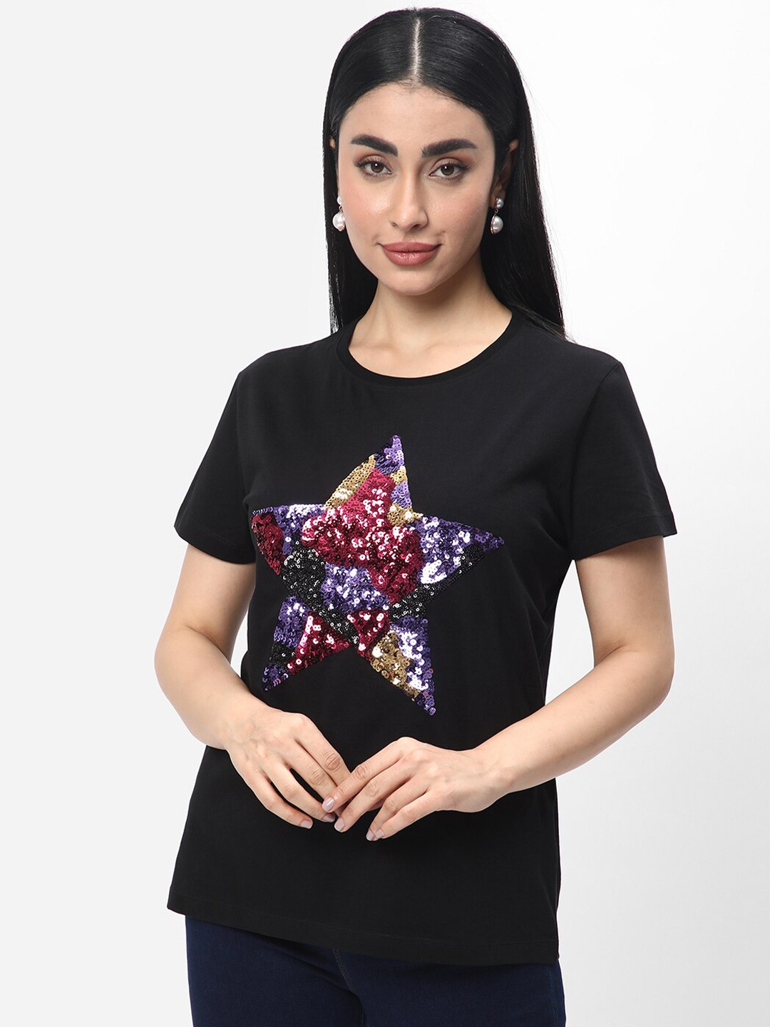 

R&B Round Neck Sequined Cotton Top, Black