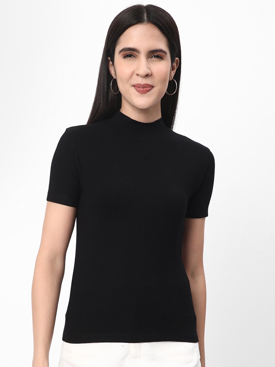 

R&B Ribbed High Neck Fitted Top, Black