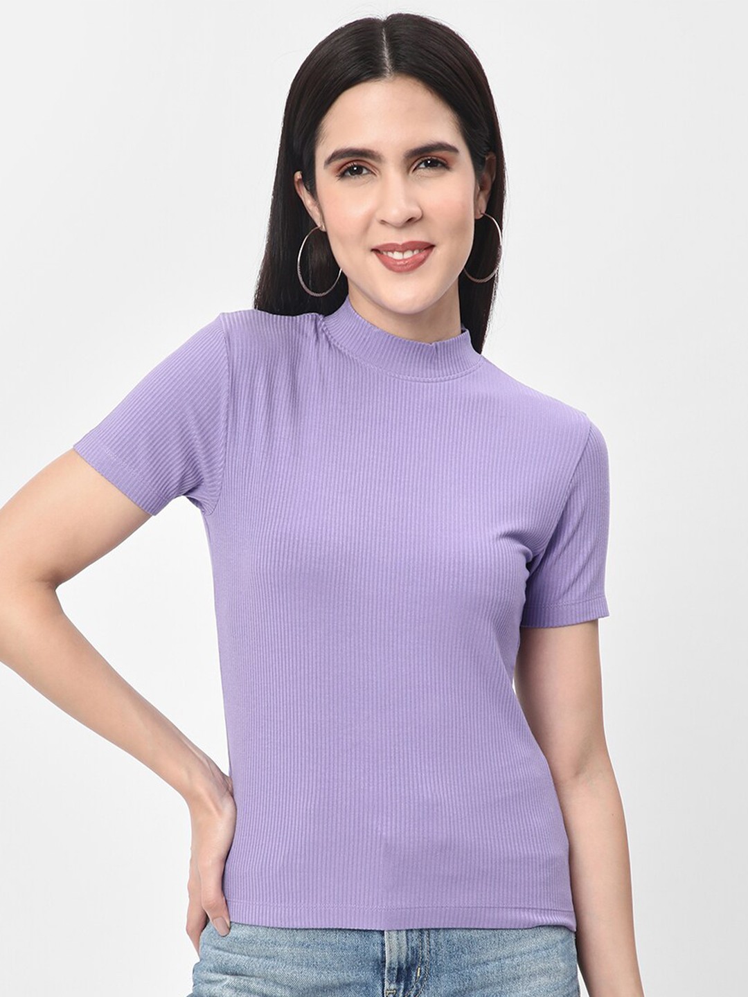 

R&B High Neck Short Sleeves Fitted Top, Purple