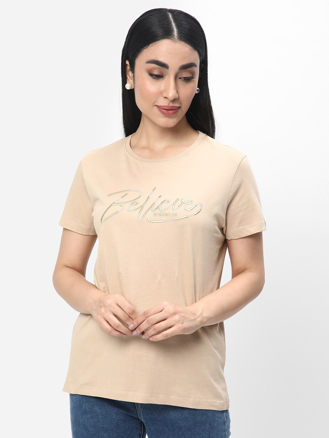

R&B Typography Embroidered Round Neck Cotton Top, Beige