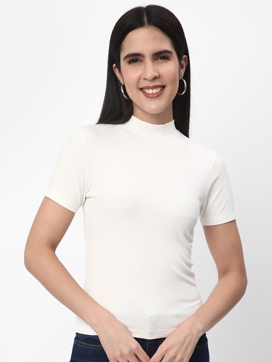 

R&B Ribbed High Neck Fitted Top, White