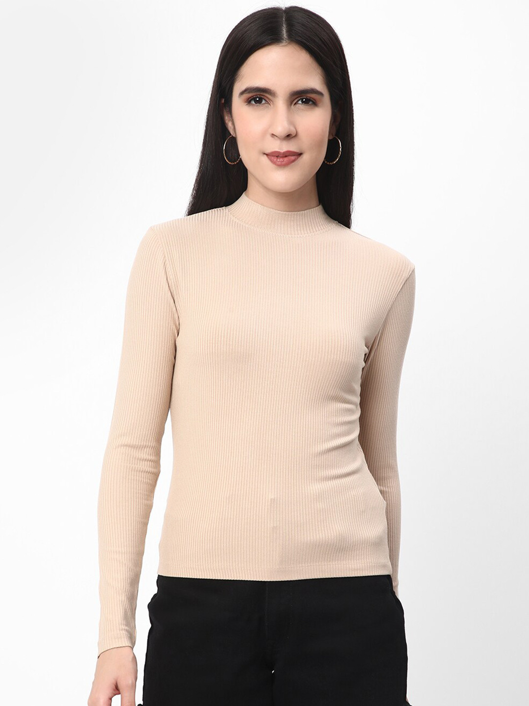 

R&B High Neck Long Sleeves Fitted Top, Beige