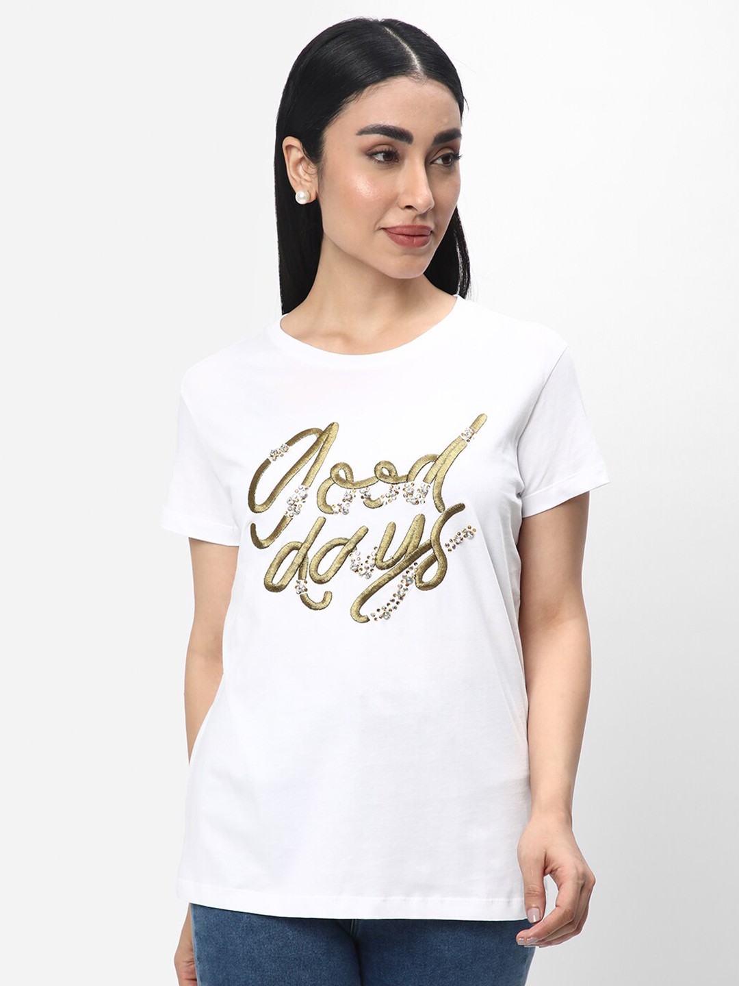 

R&B Typography Printed Emebellished Cotton T-shirt, White