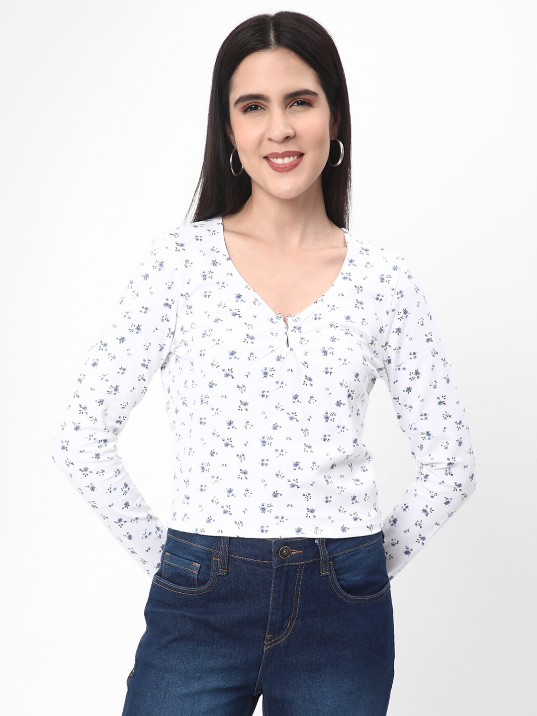 

R&B Ethnic Printed V-Neck Long Sleeves Cotton Top, White