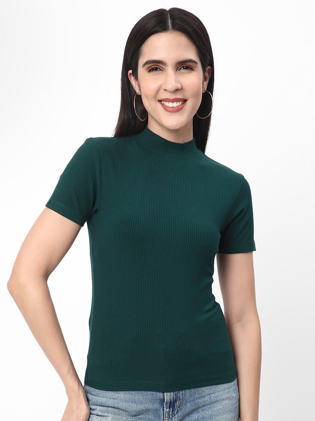 

R&B High Neck Short Sleeves Fitted Top, Green