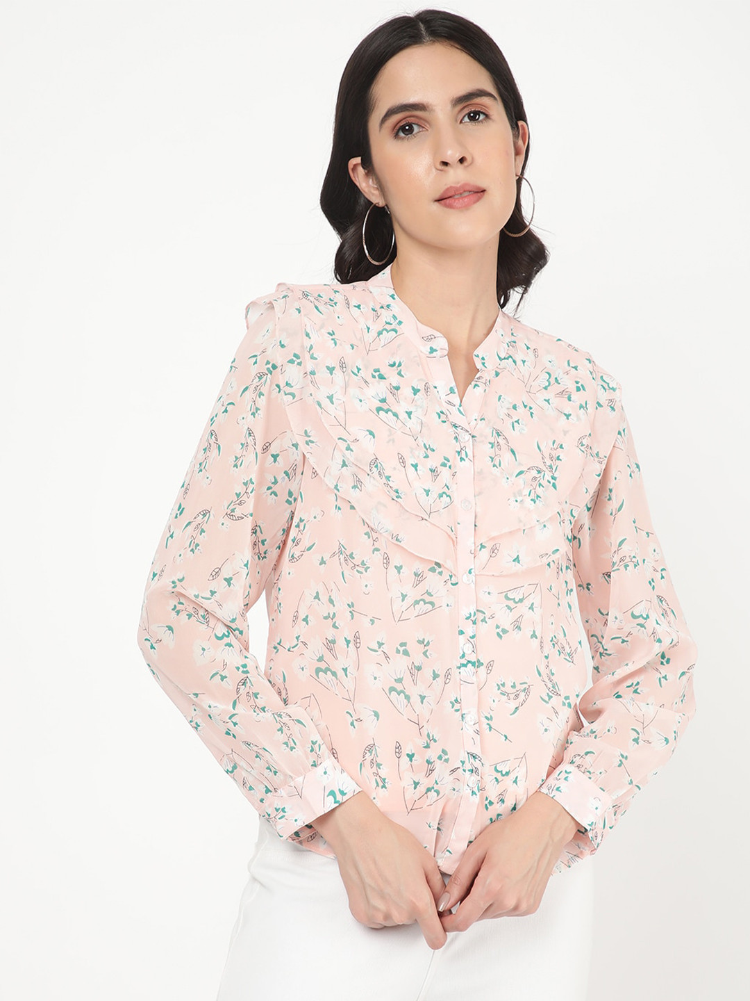 

R&B Floral Print Mandarin Collar Shirt Style Top, Pink