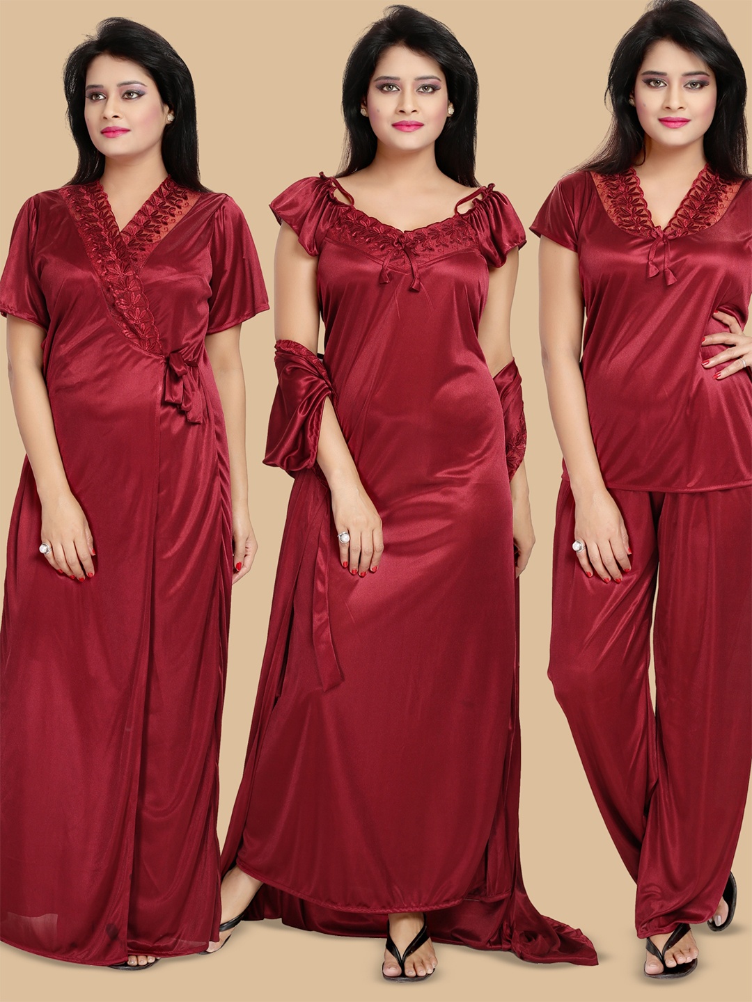 

Noty Pack Of 4 Lace Detail Nightwear Set, Maroon