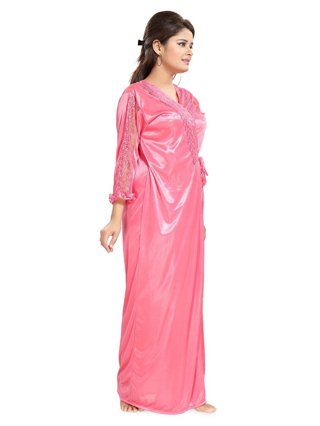 

Noty Lace Detail Maxi Satin Nightdress with Robe, Pink