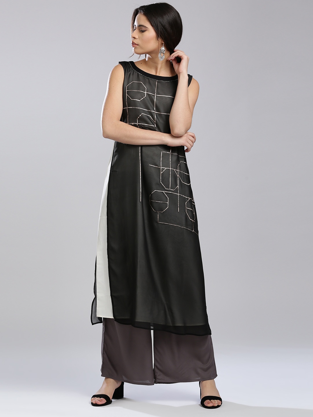 

W Women Black & Off-White Printed A-Line Kurta