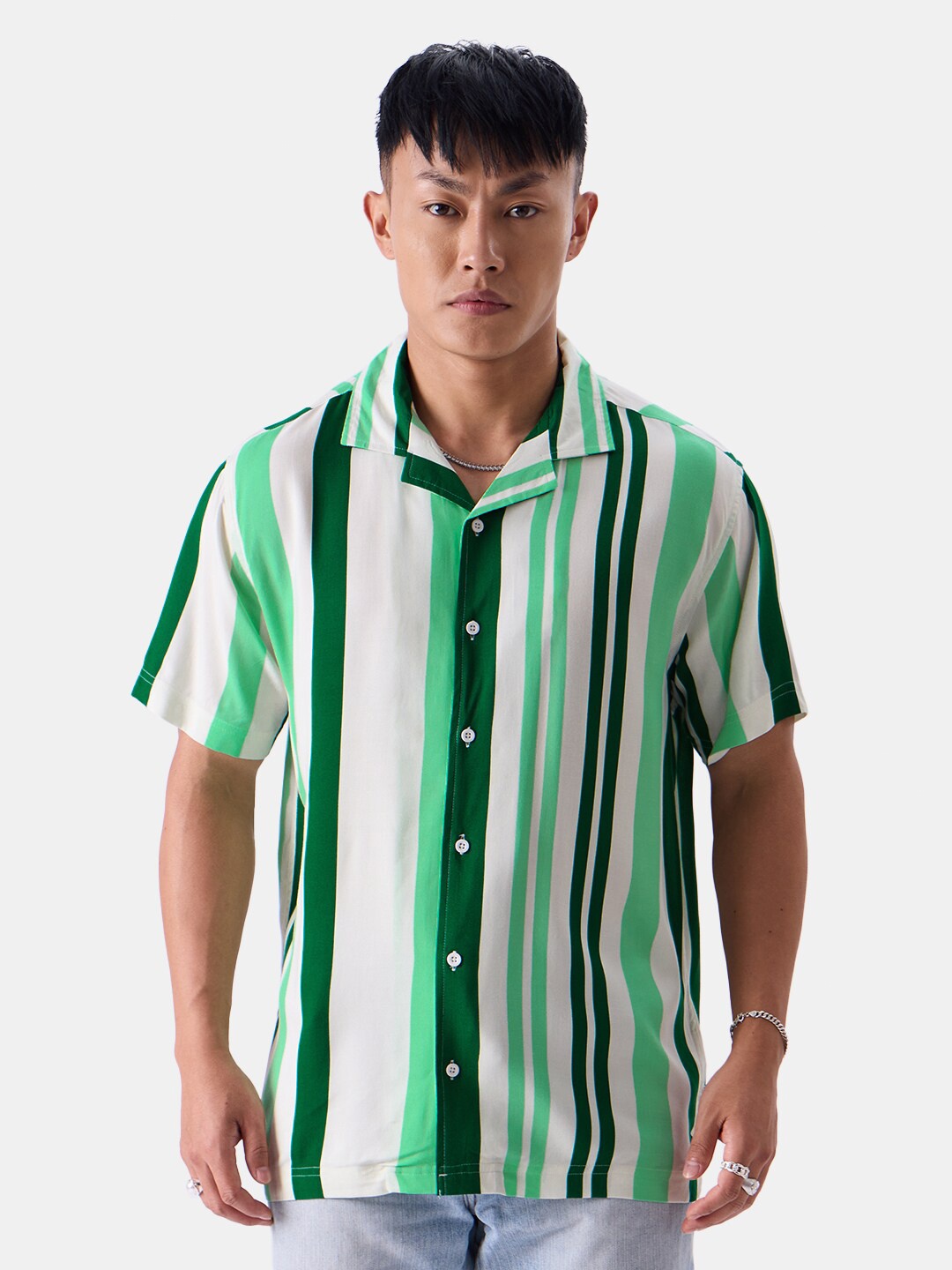 

The Souled Store White & Green Boxy Fit Multi Striped Casual Shirt