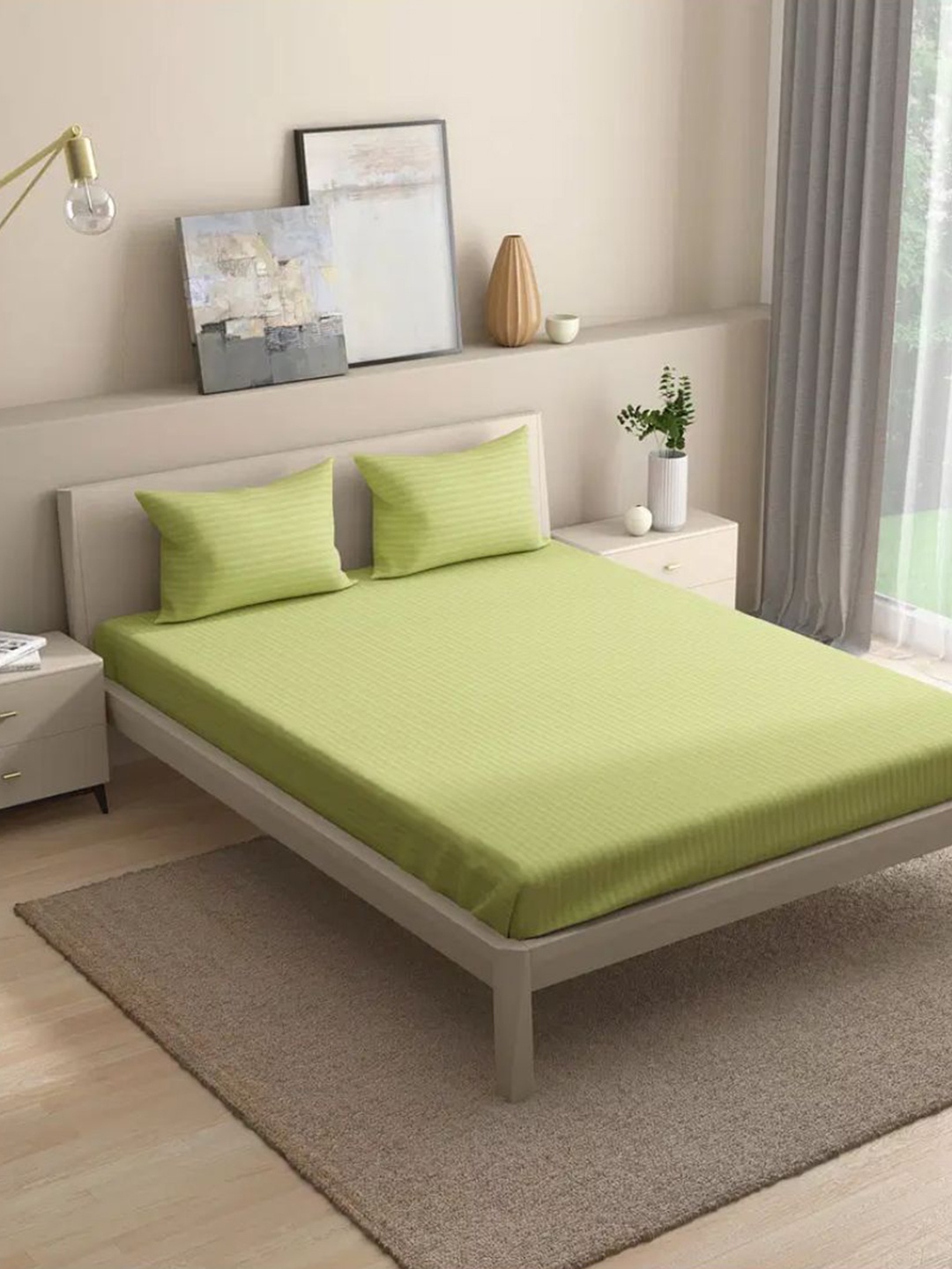 

wakefit Olive Green 210 TC Fitted Cotton Queen Bedsheet With 2 Pillow Covers
