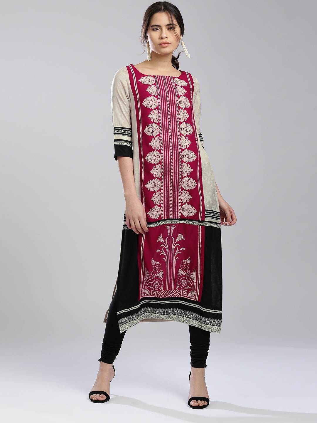 

W Women Maroon & Beige Printed Straight Kurta