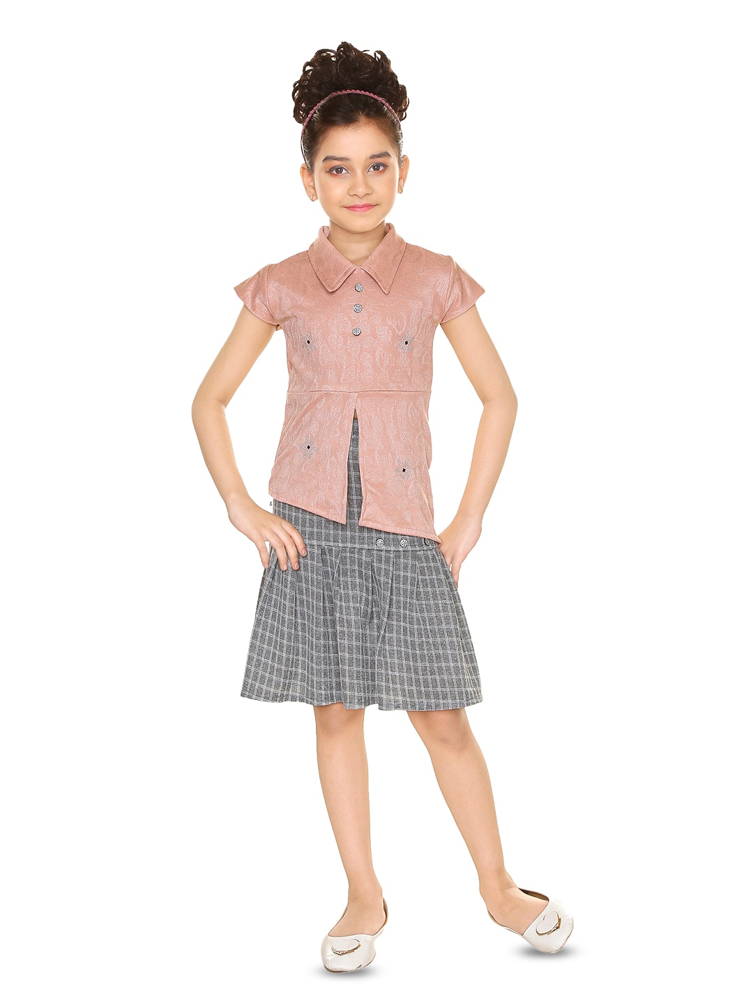 

BAESD Girls Self Design Top with Checked Skirt, Peach