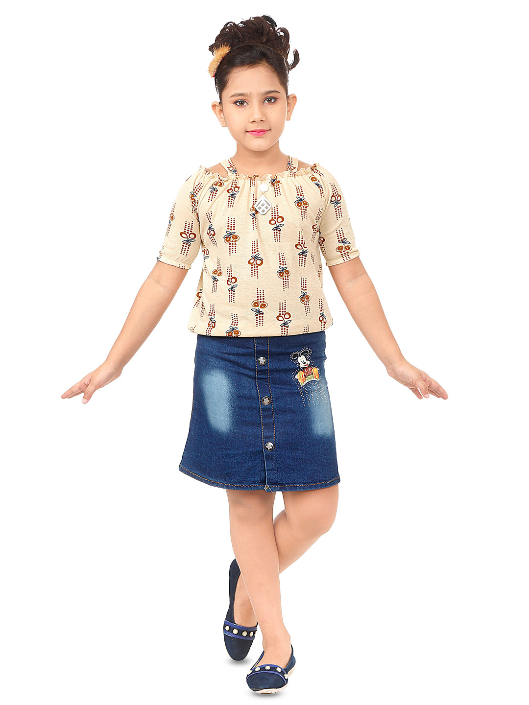 

BAESD Girls Printed Top with Skirt, Beige